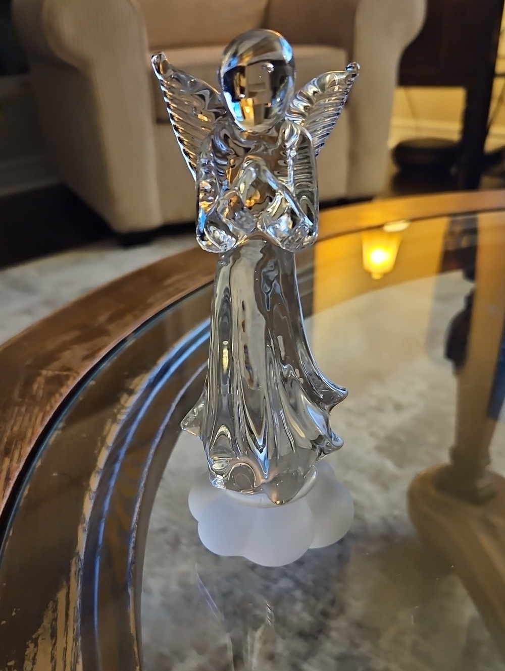 Vintage Crystal Angel Figurine Standing On Frosted Glass Cloud